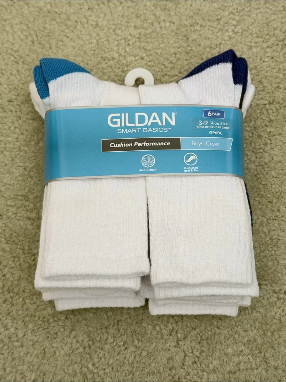 Gildan Boys' Crew Cushion Performance Socks - White with Blue Accents